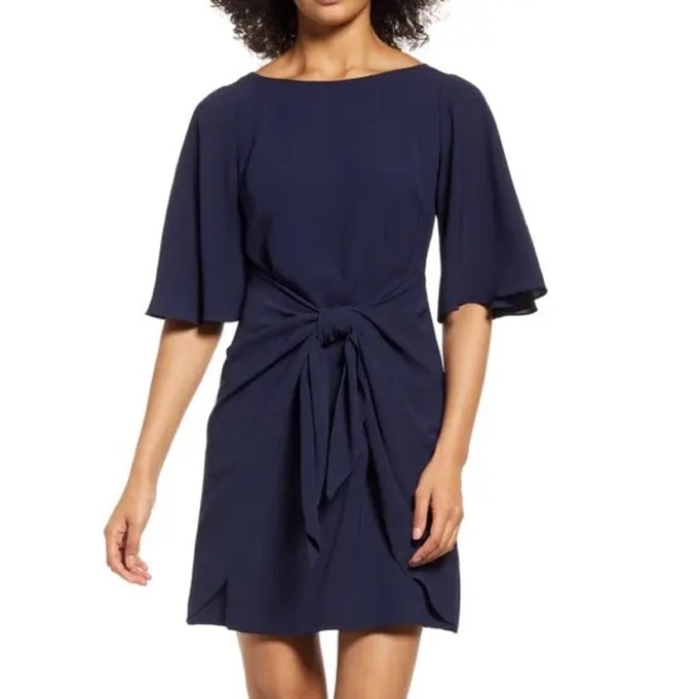 Vince Camuto Navy Blue Washer Tie Waist Crepe Dress NEW